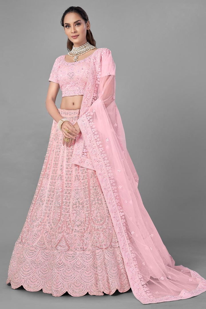 Wedding Wear Thread Embroidered Lehenga Choli In Pink Color Net Fabric