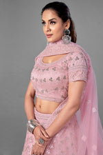Load image into Gallery viewer, Pink Color Net Fabric Thread Embroidered Reception Wear Lehenga Choli
