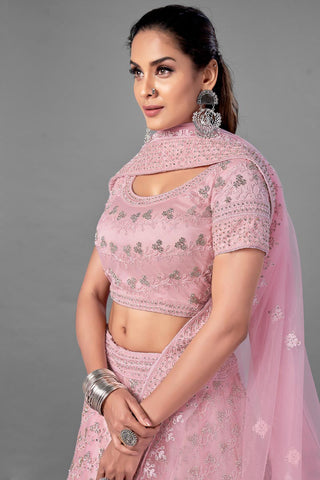 Pink Color Net Fabric Thread Embroidered Reception Wear Lehenga Choli