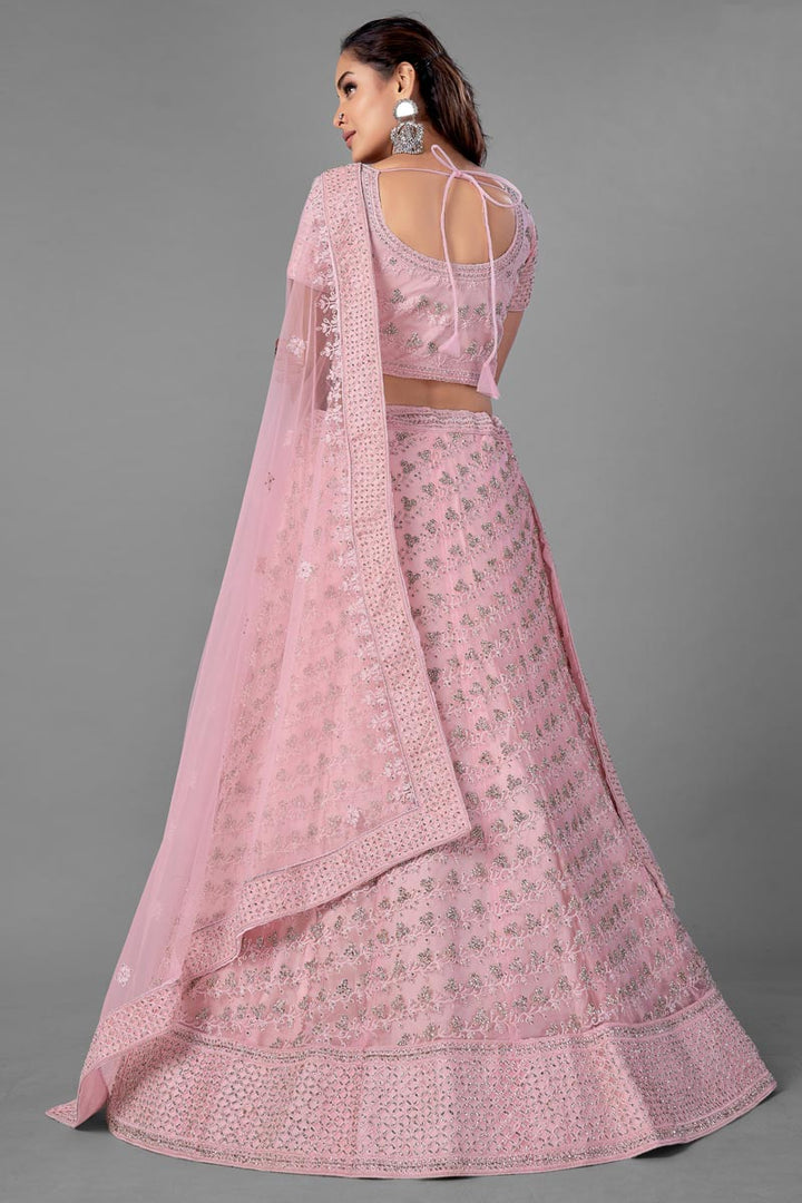 Pink Color Net Fabric Thread Embroidered Reception Wear Lehenga Choli