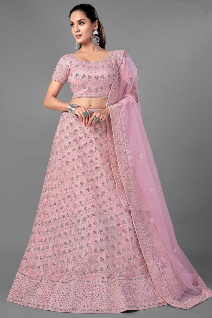 Pink Color Net Fabric Thread Embroidered Reception Wear Lehenga Choli