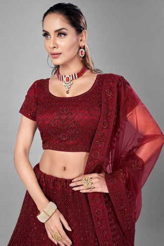 Thread Embroidered Wedding Wear Lehenga Choli In Maroon Color