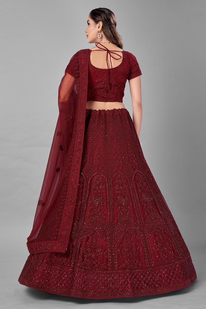 Thread Embroidered Wedding Wear Lehenga Choli In Maroon Color