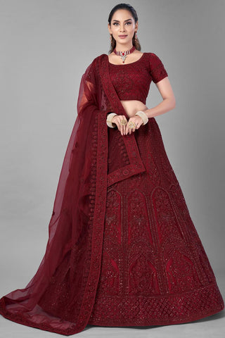 Thread Embroidered Wedding Wear Lehenga Choli In Maroon Color