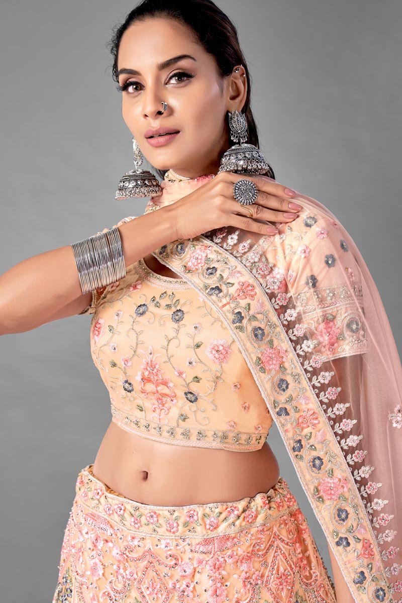 Net Fabric Peach Color Sangeet Wear 3 Piece Thread Embroidered Lehenga Choli