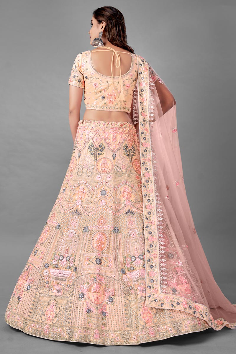 Net Fabric Peach Color Sangeet Wear 3 Piece Thread Embroidered Lehenga Choli