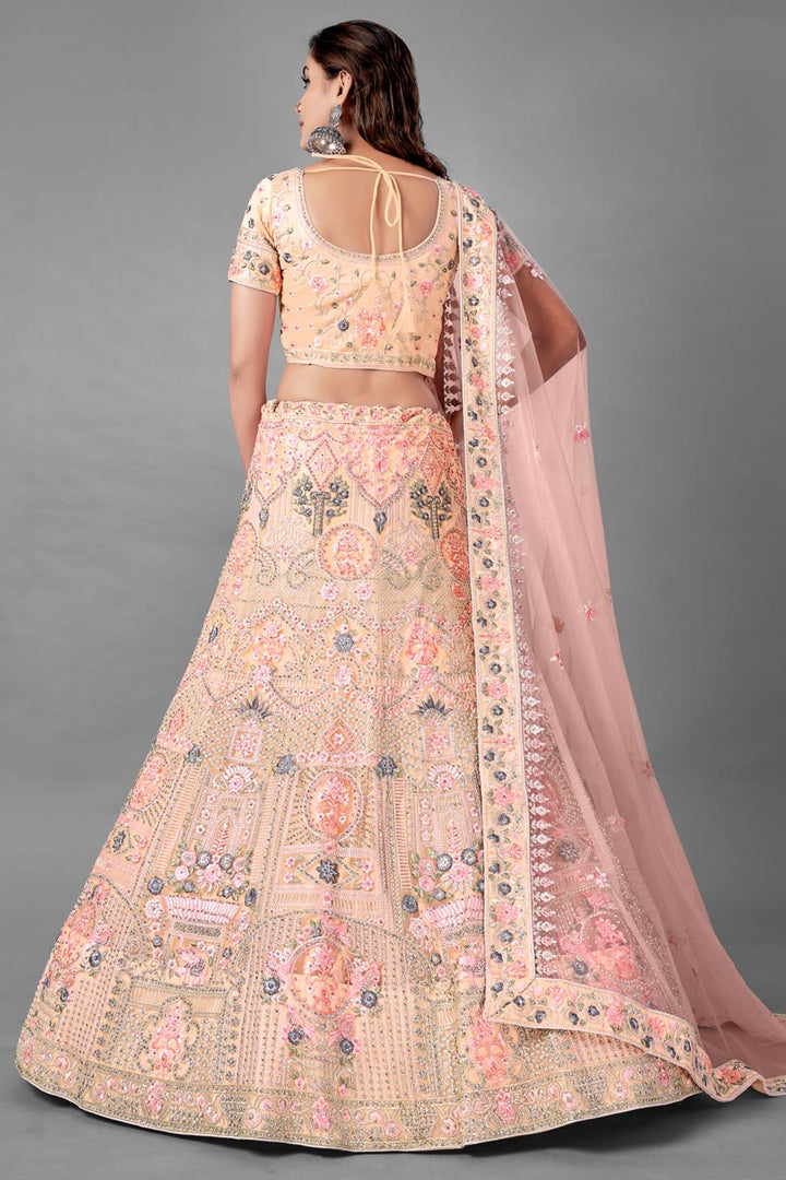 Net Fabric Peach Color Sangeet Wear 3 Piece Thread Embroidered Lehenga Choli