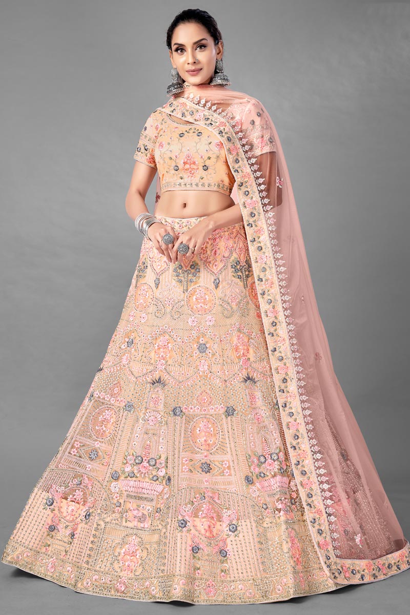 Net Fabric Peach Color Sangeet Wear 3 Piece Thread Embroidered Lehenga Choli