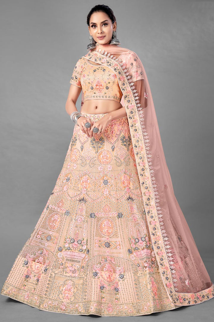 Net Fabric Peach Color Sangeet Wear 3 Piece Thread Embroidered Lehenga Choli