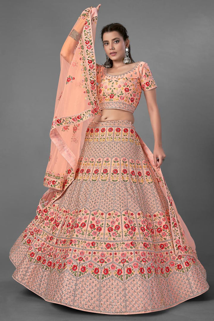 Wedding Wear Thread Embroidered Lehenga Choli In Peach Color Art Silk Fabric