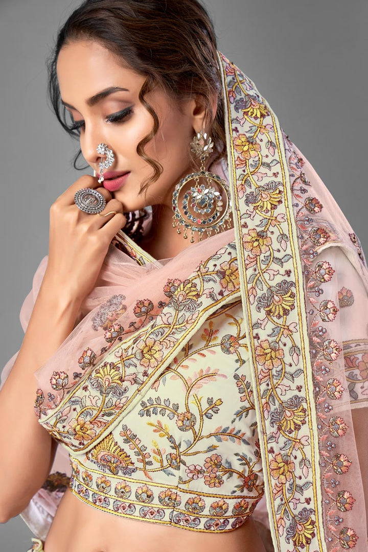 Georgette Fabric Thread Embroiderd Wedding Wear Designer Lehenga Choli In Beige Color
