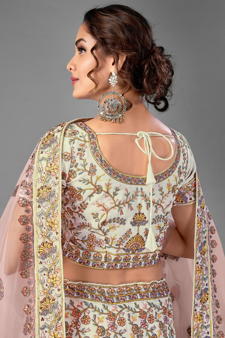 Georgette Fabric Thread Embroiderd Wedding Wear Designer Lehenga Choli In Beige Color