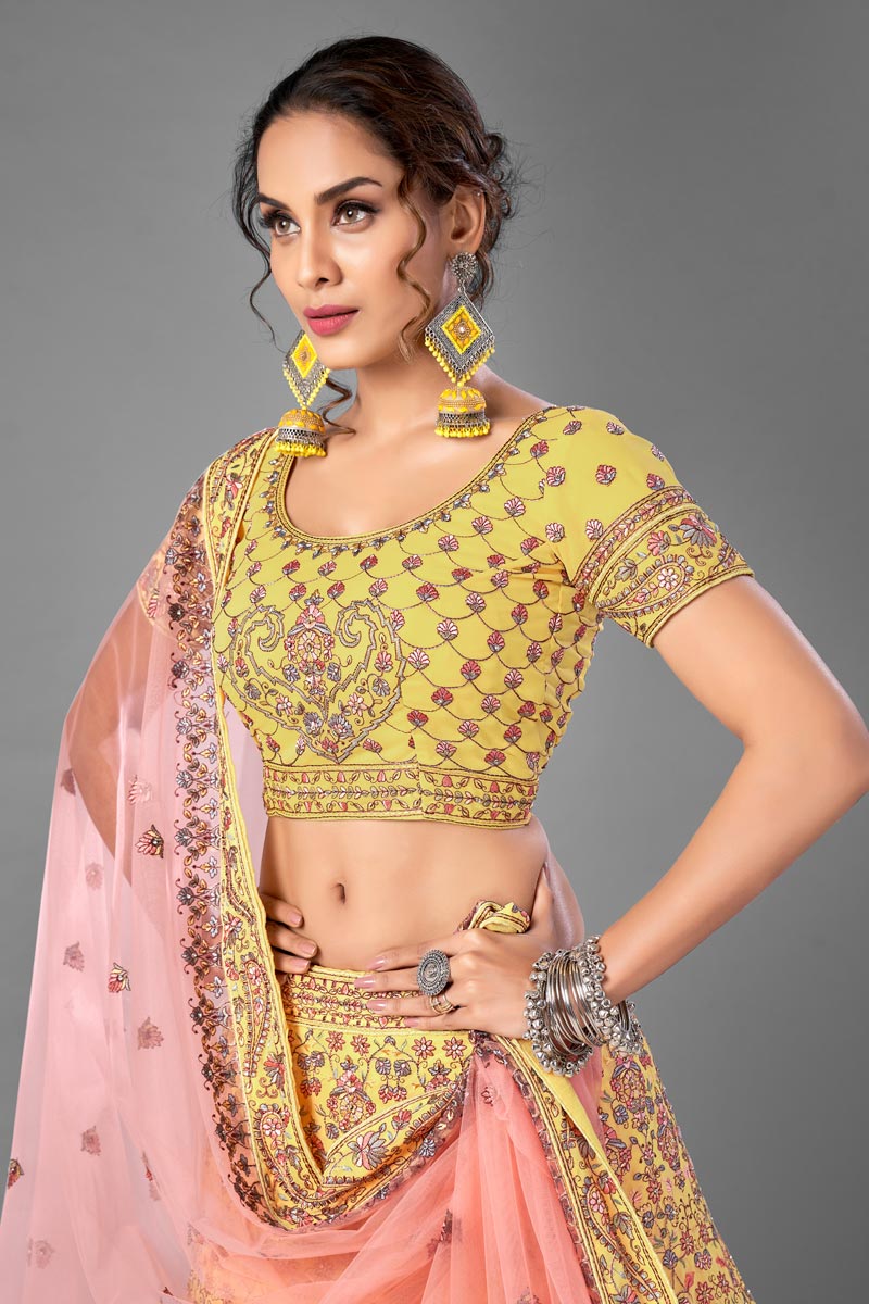 Sangeet Wear Yellow Color Thread Embroiderd Lehenga Choli In Georgette Fabric