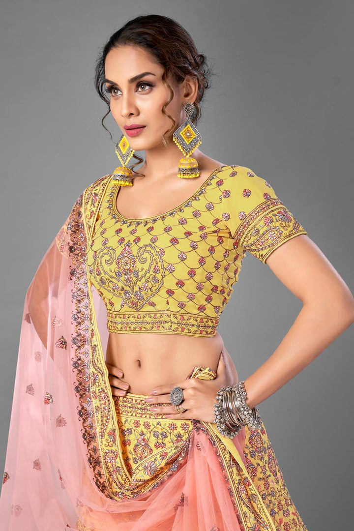 Sangeet Wear Yellow Color Thread Embroiderd Lehenga Choli In Georgette Fabric