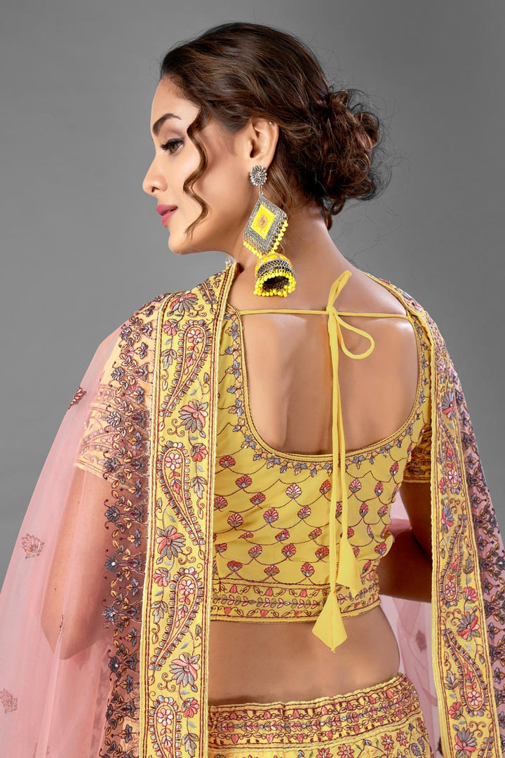 Sangeet Wear Yellow Color Thread Embroiderd Lehenga Choli In Georgette Fabric