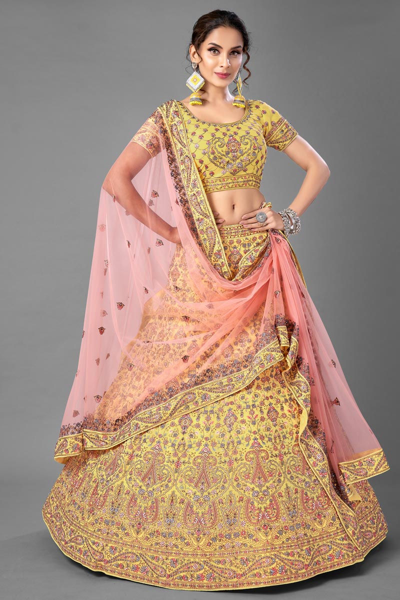 Sangeet Wear Yellow Color Thread Embroiderd Lehenga Choli In Georgette Fabric