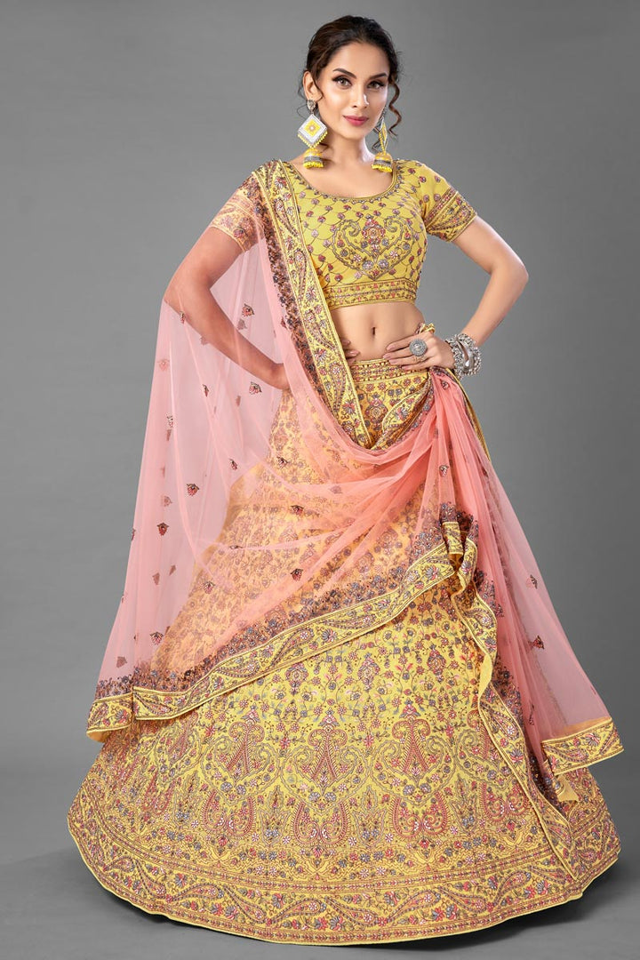 Sangeet Wear Yellow Color Thread Embroiderd Lehenga Choli In Georgette Fabric