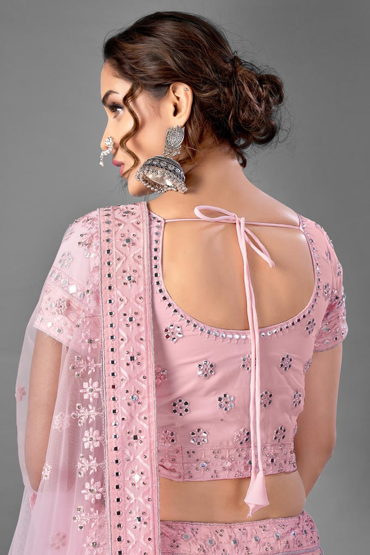 Georgette Fabric Wedding Wear Pink Color Thread Embroiderd Lehenga Choli