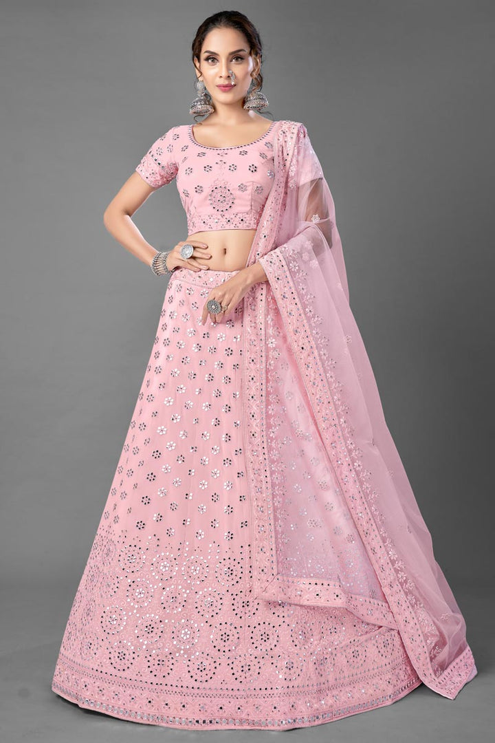 Georgette Fabric Wedding Wear Pink Color Thread Embroiderd Lehenga Choli