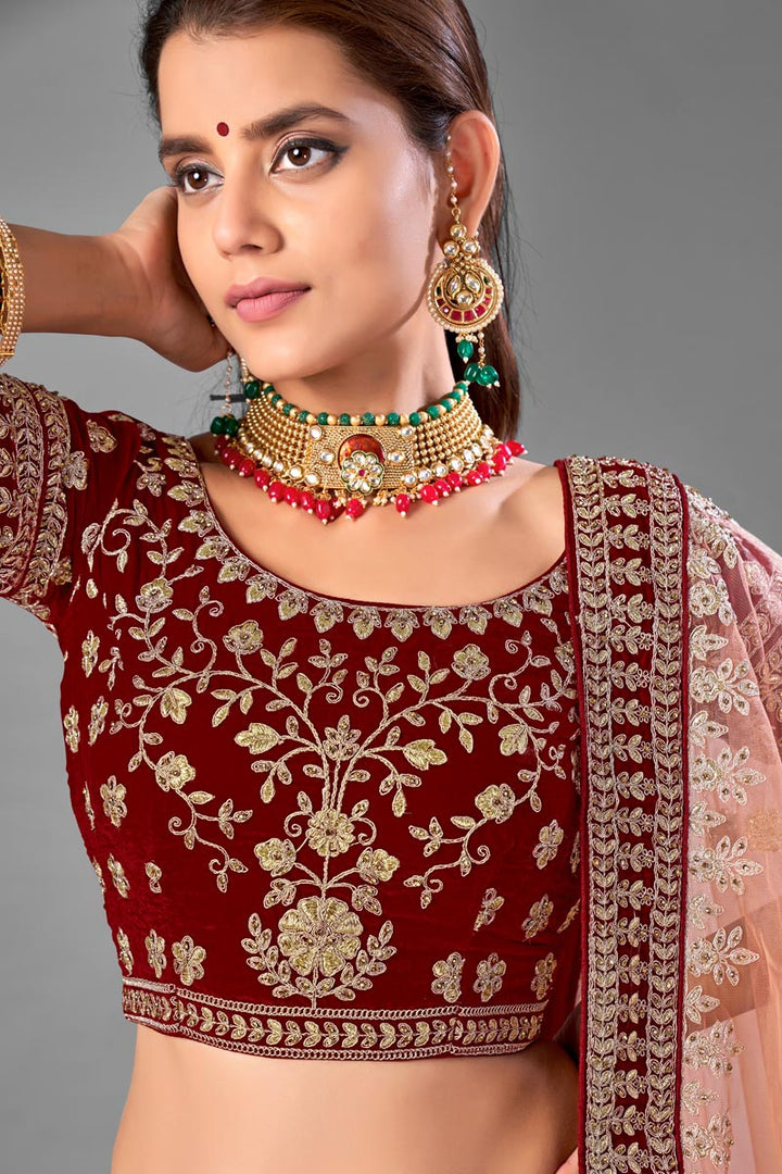 Wedding Wear Velvet Fabric Thread Embroidered Lehenga Choli In Maroon Color