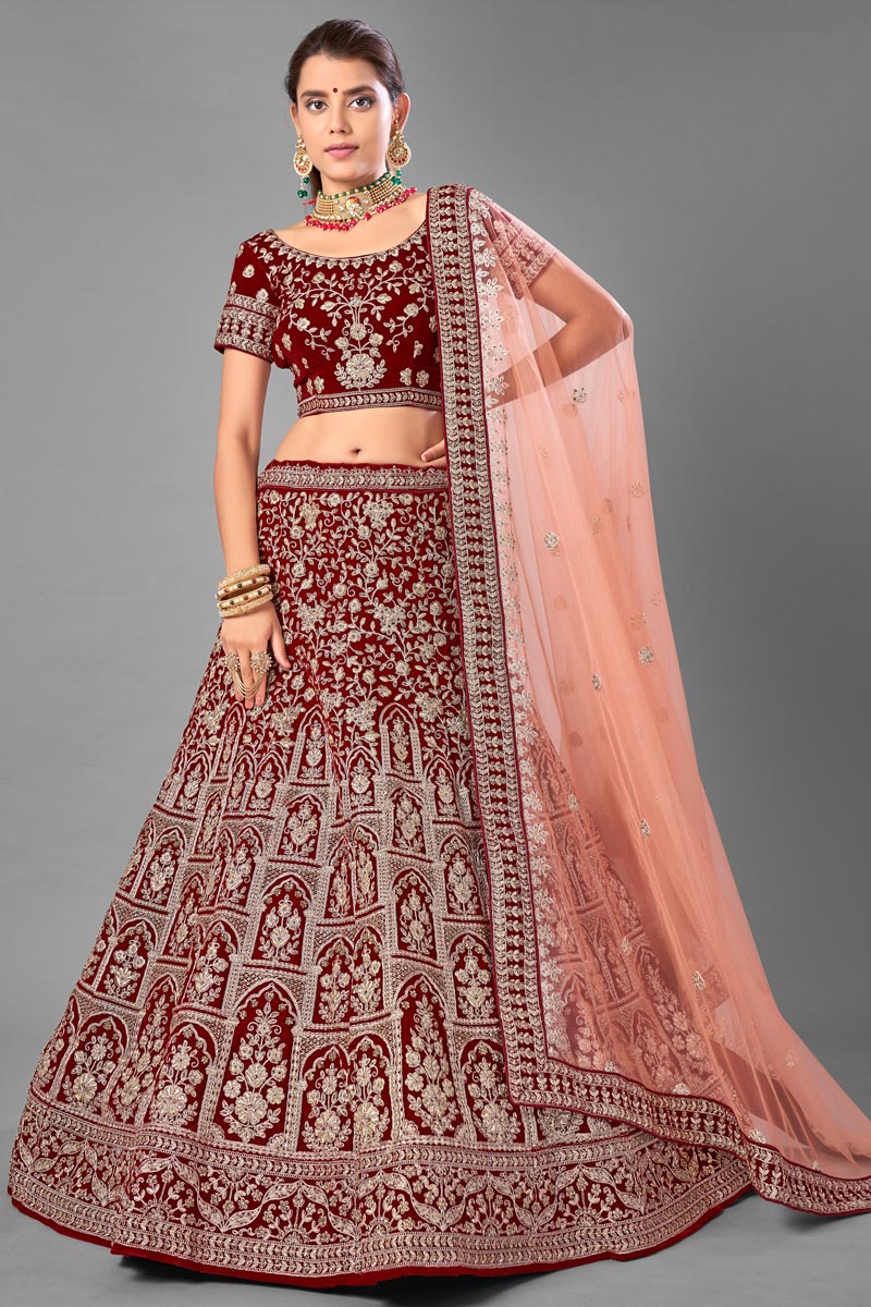 Wedding Wear Velvet Fabric Thread Embroidered Lehenga Choli In Maroon Color