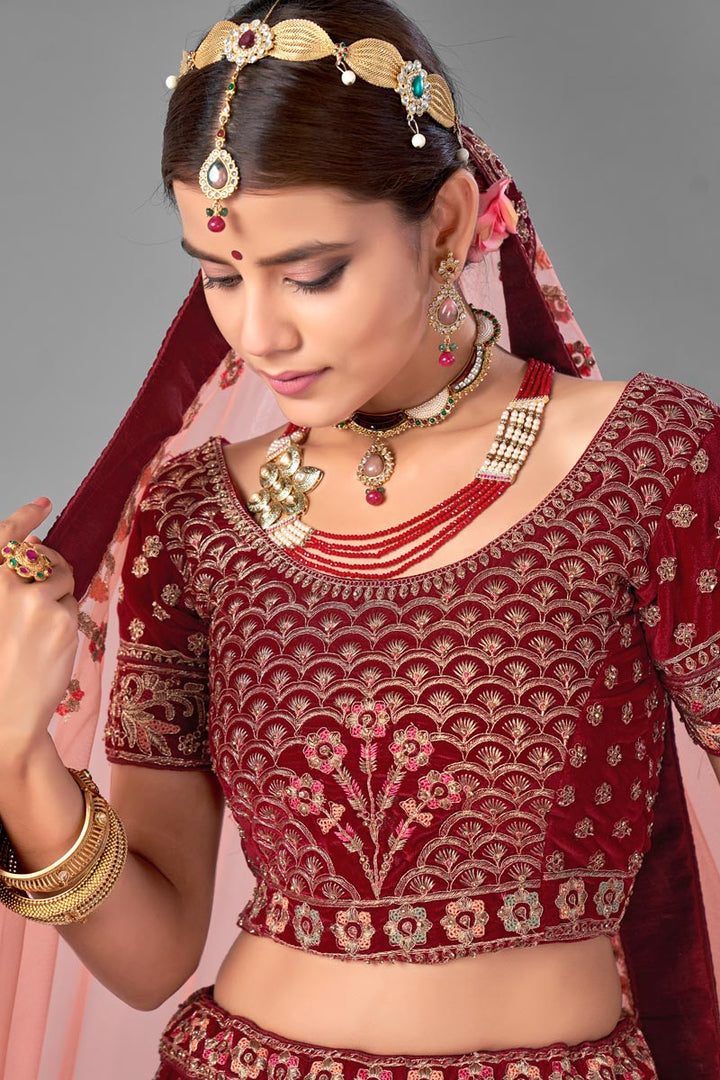 Maroon Color Velvet Fabric Designer Thread Embroidered Wedding Wear Lehenga Choli