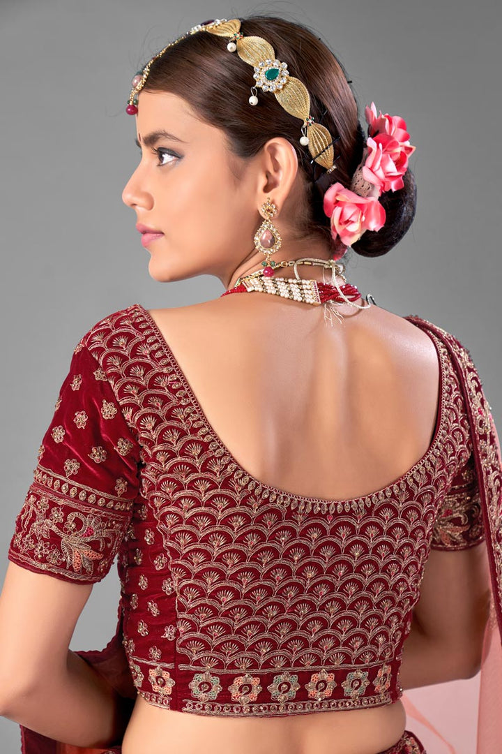 Maroon Color Velvet Fabric Designer Thread Embroidered Wedding Wear Lehenga Choli
