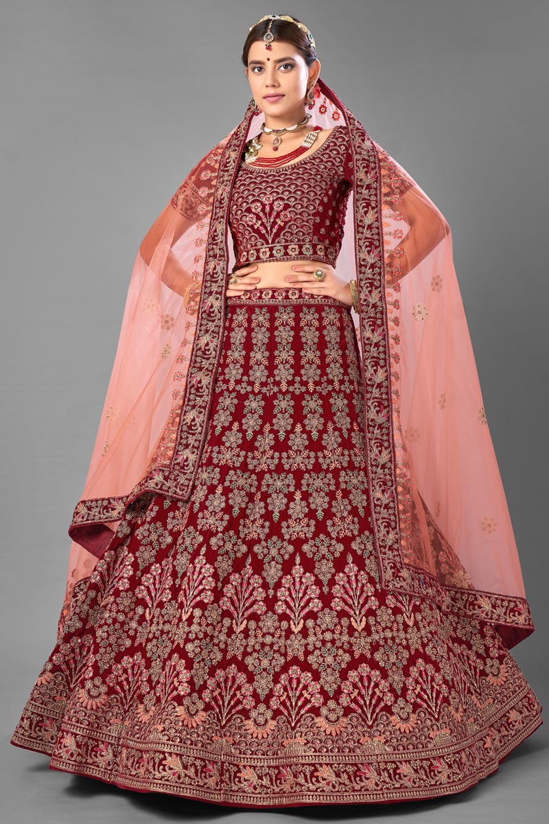 Maroon Color Velvet Fabric Designer Thread Embroidered Wedding Wear Lehenga Choli