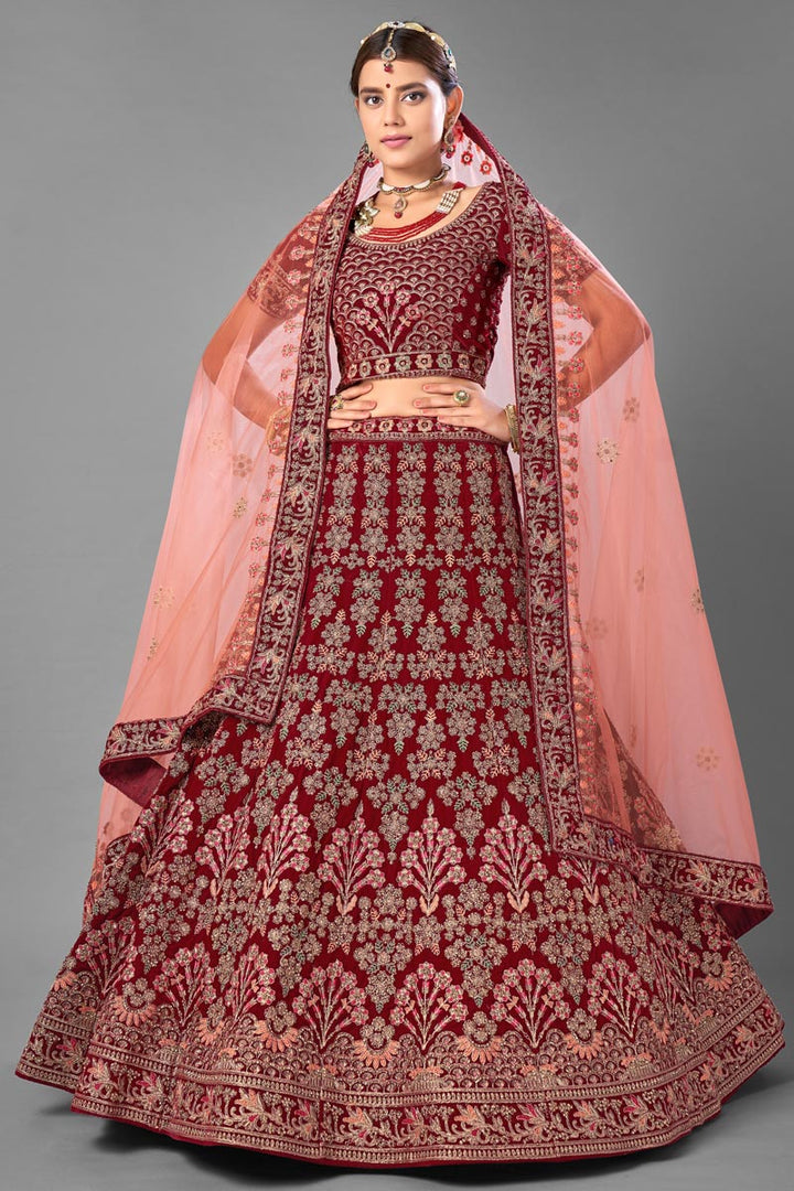 Maroon Color Velvet Fabric Designer Thread Embroidered Wedding Wear Lehenga Choli
