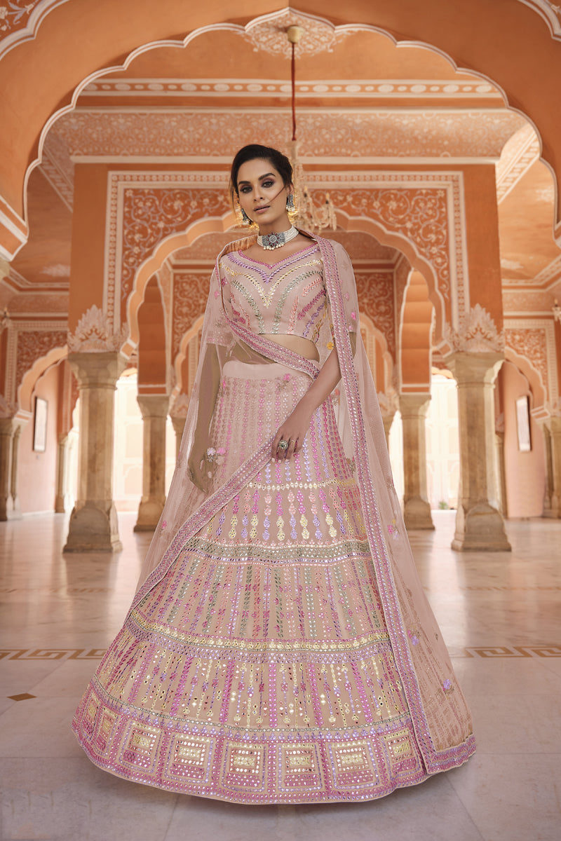 Enriching Pink Color Organza Fabric Embroidered Reception Wear Lehenga Choli