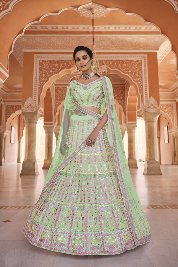 Organza Fabric Sea Green Color Majestic Embroidered Wedding Wear Lehenga Choli