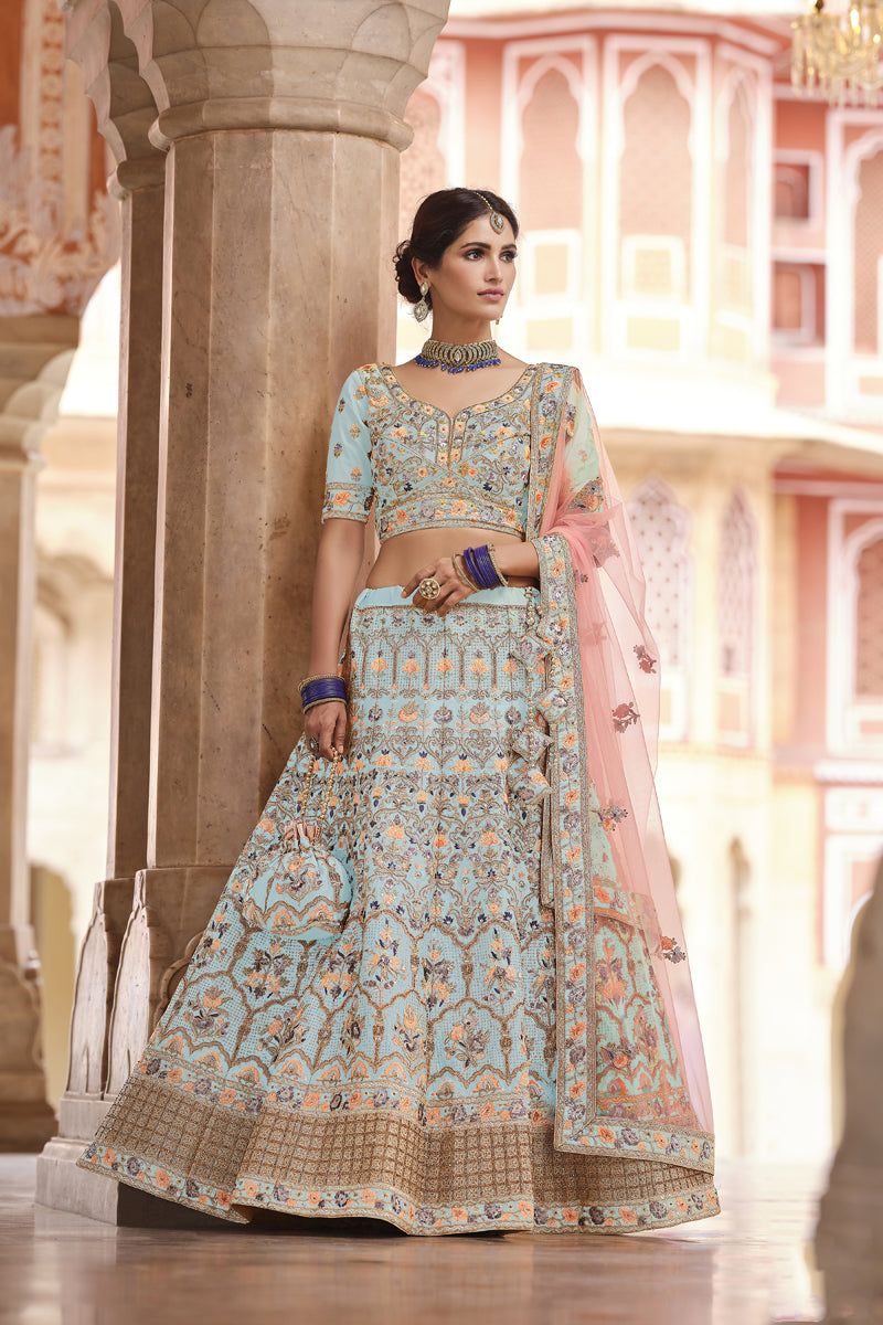 Lovely Light Cyan Embroidered Sangeet Wear Lehenga Choli In Crepe Fabric