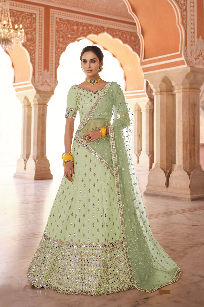Art Silk Reception Wear Lehenga Choli In Sea Green Color