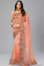 Load image into Gallery viewer, Peach Color Splendid Border Work Saree Organza Fabric
