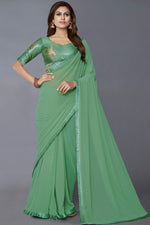 Load image into Gallery viewer, Georgette Fabric Brilliant Border Work Saree Green Color

