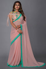 Load image into Gallery viewer, Georgette Fabric Pink Color Stunning Border Work Saree
