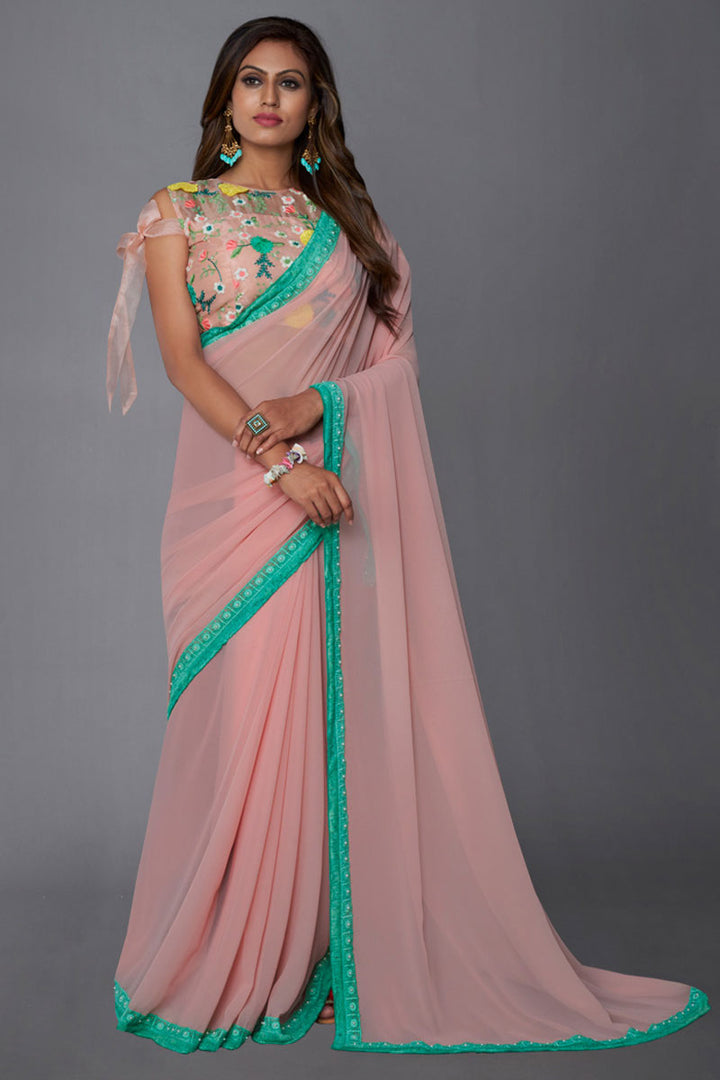 Georgette Fabric Pink Color Stunning Border Work Saree