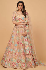 Load image into Gallery viewer, Wedding Wear Net Fabric Peach Color Thread Embroidered Work Phenomenal Lehenga With Dupatta

