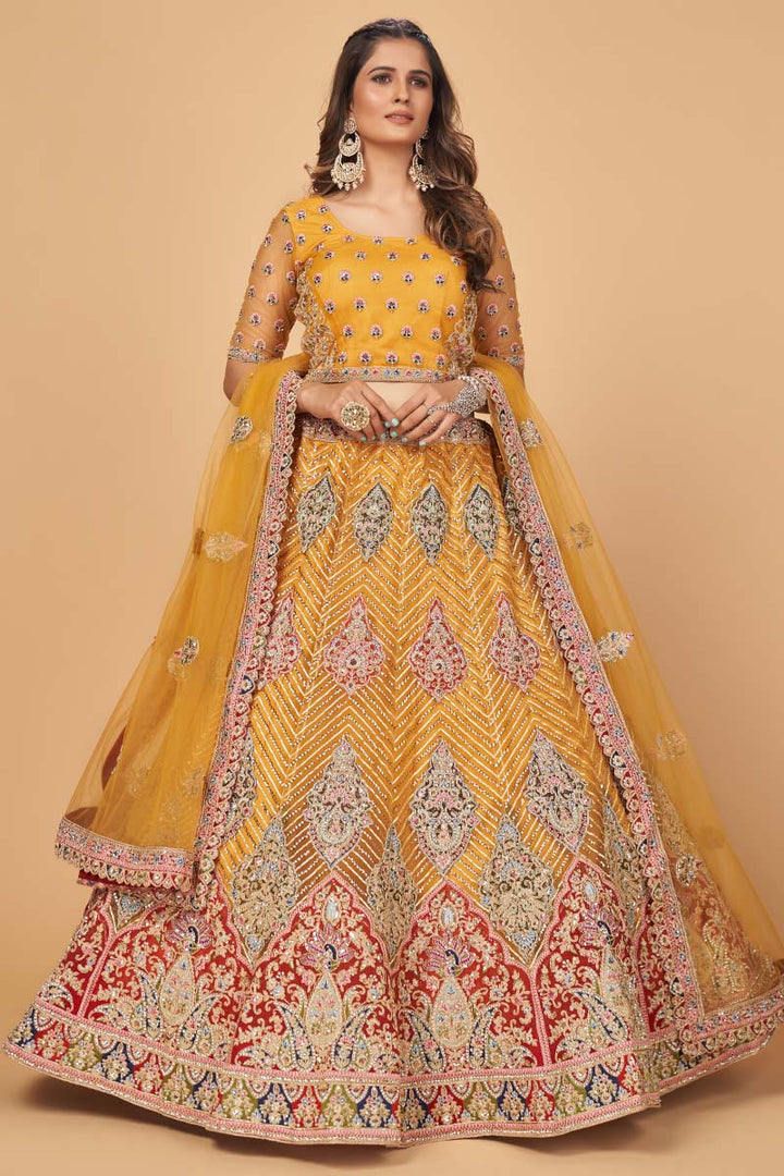 Mustard Color Wedding Wear Thread Embroidered Work Captivating Lehenga With Dupatta In Net Fabric