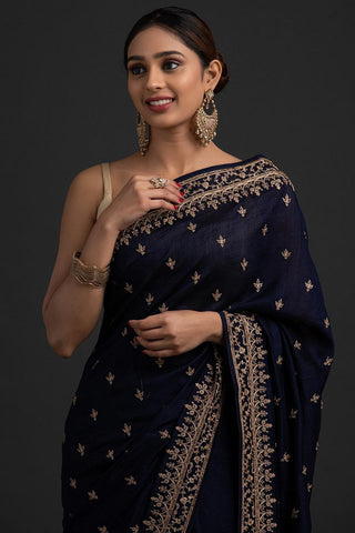 Art Silk Fabric Party Look Navy Blue Color Delicate Saree