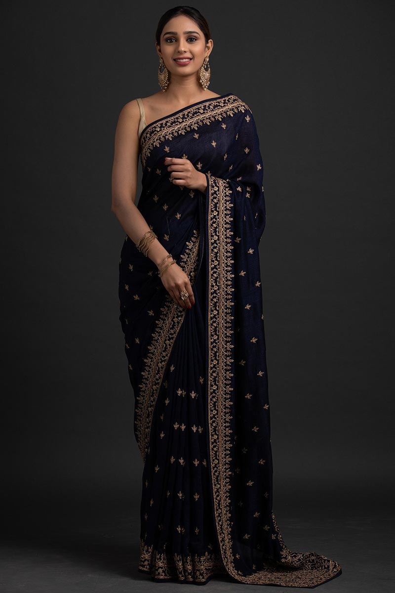 Art Silk Fabric Party Look Navy Blue Color Delicate Saree