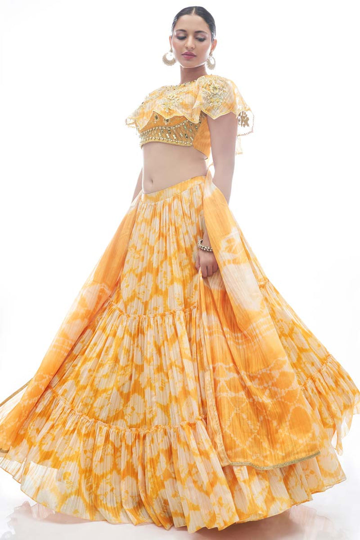 Embellished Thread Embroidered Work On Yellow Color Function Wear Lehenga In Jacquard Fabric