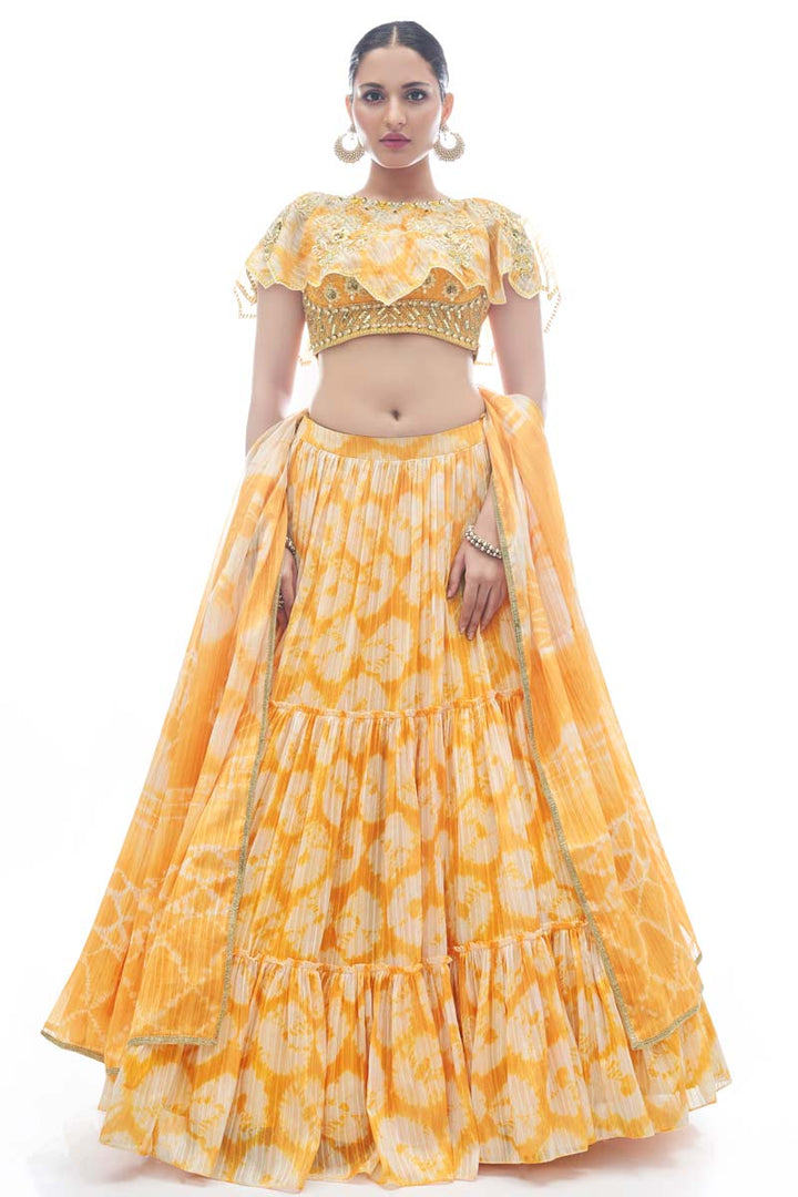 Embellished Thread Embroidered Work On Yellow Color Function Wear Lehenga In Jacquard Fabric