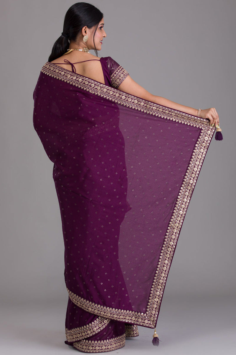 Wine Color Wonderful Sequins Work Saree In Art Silk Fabric