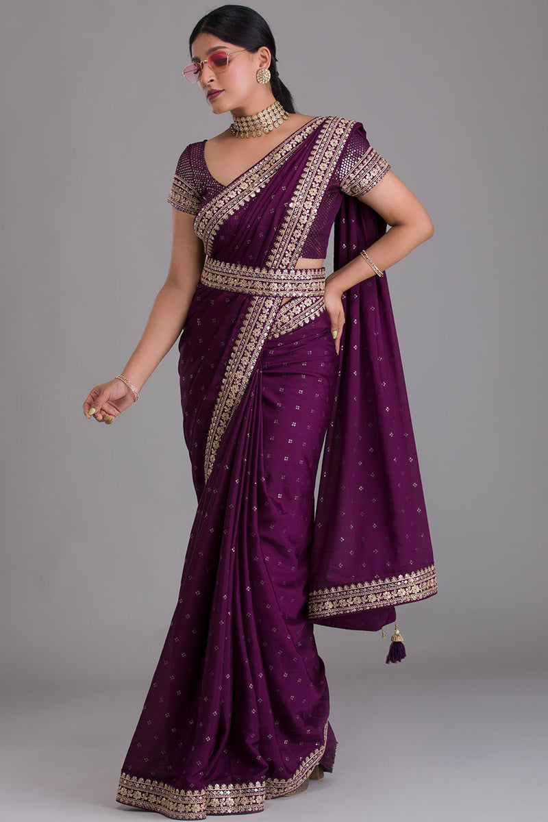 Wine Color Wonderful Sequins Work Saree In Art Silk Fabric