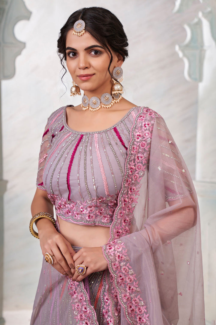 Lavender Color Net Fabric Wedding Wear Parity Lehenga Choli
