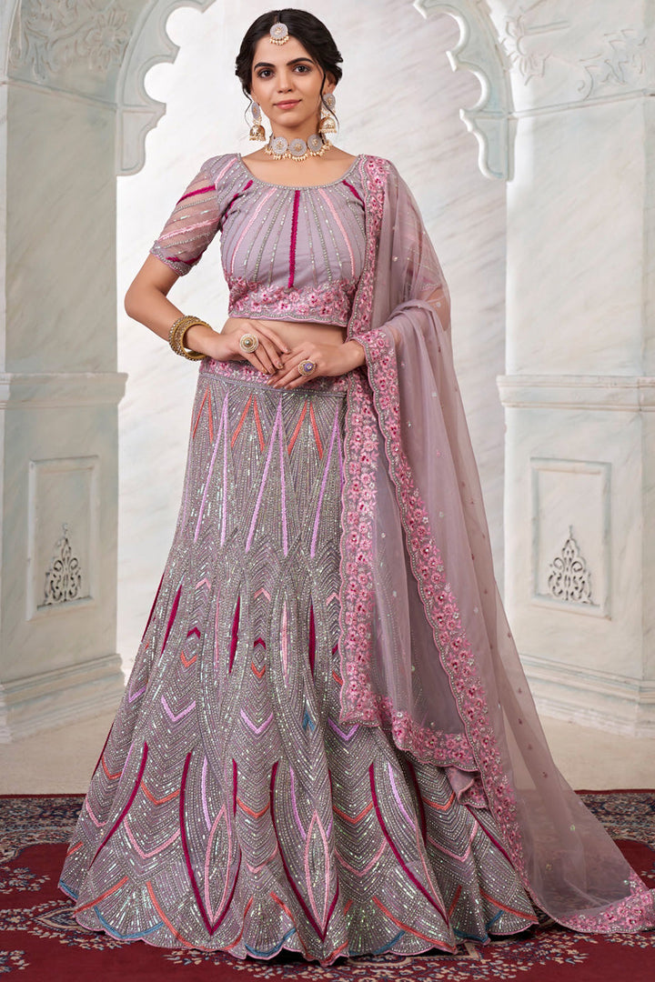 Lavender Color Net Fabric Wedding Wear Parity Lehenga Choli