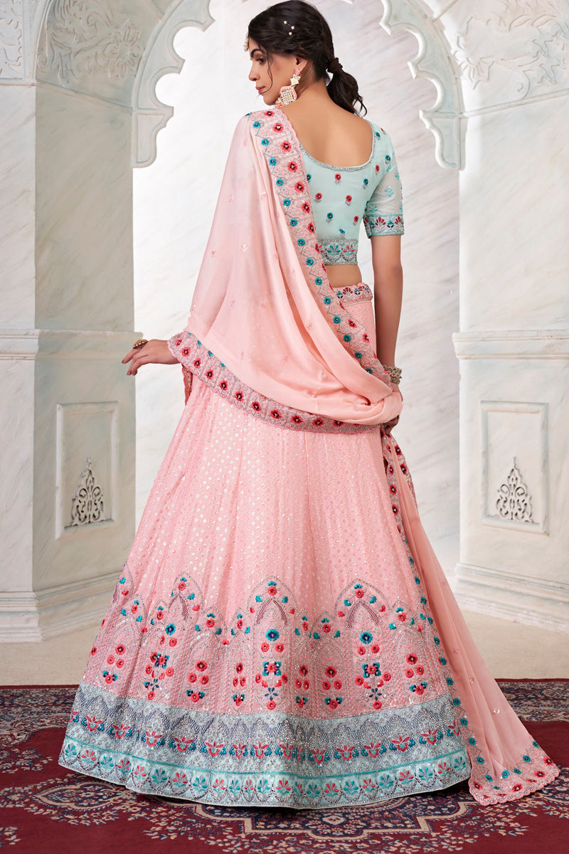 Glittering Peach Color Georgette Fabric Wedding Wear Lehenga Choli