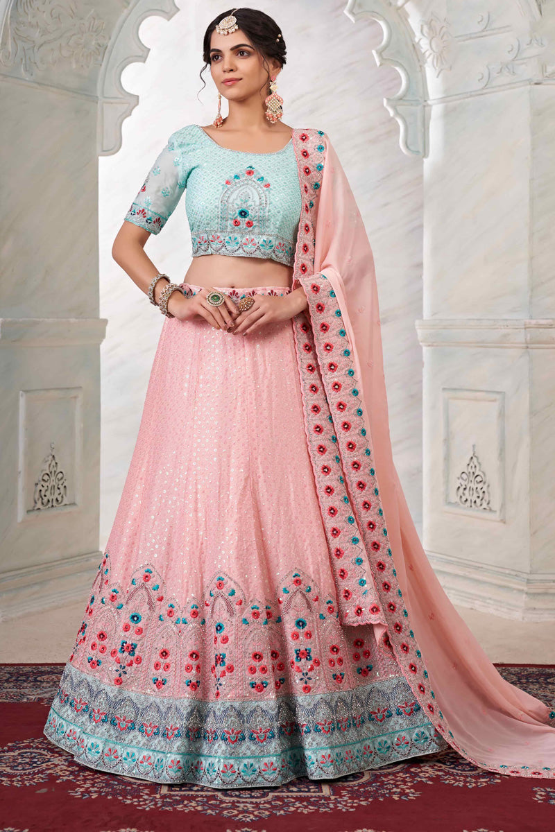 Glittering Peach Color Georgette Fabric Wedding Wear Lehenga Choli