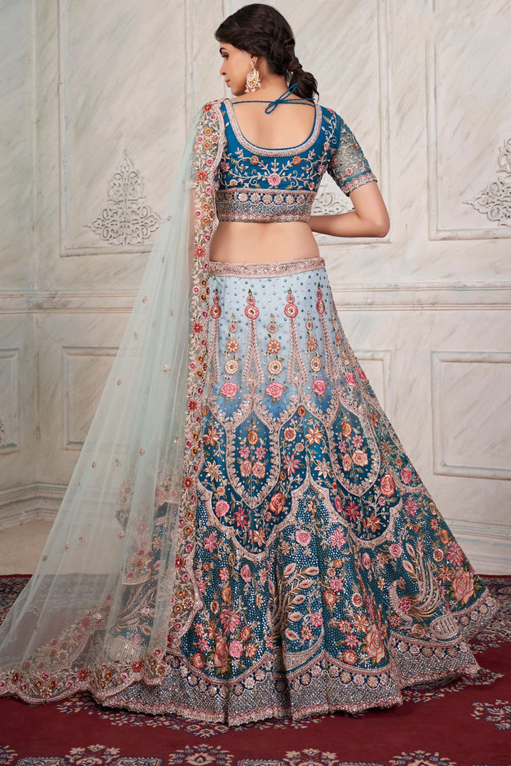 Blue Color Bright Net Fabric Wedding Wear Lehenga Choli